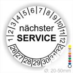 Prüfplaketten, Prüfetiketten rund, Farbe- Weiß, Text "nächster SERVICE" in Schwarz. Startjahr- 26, Monatszahlen Oben und Jahreszahlen Unten in Kreisform.