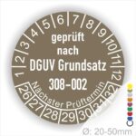 Wartungsplakette, Prüfsiegel zur Prüfung von Hebebühnen nach DGUV Grundsatz 308-002 Starjahr- 26, Farbe- Braun