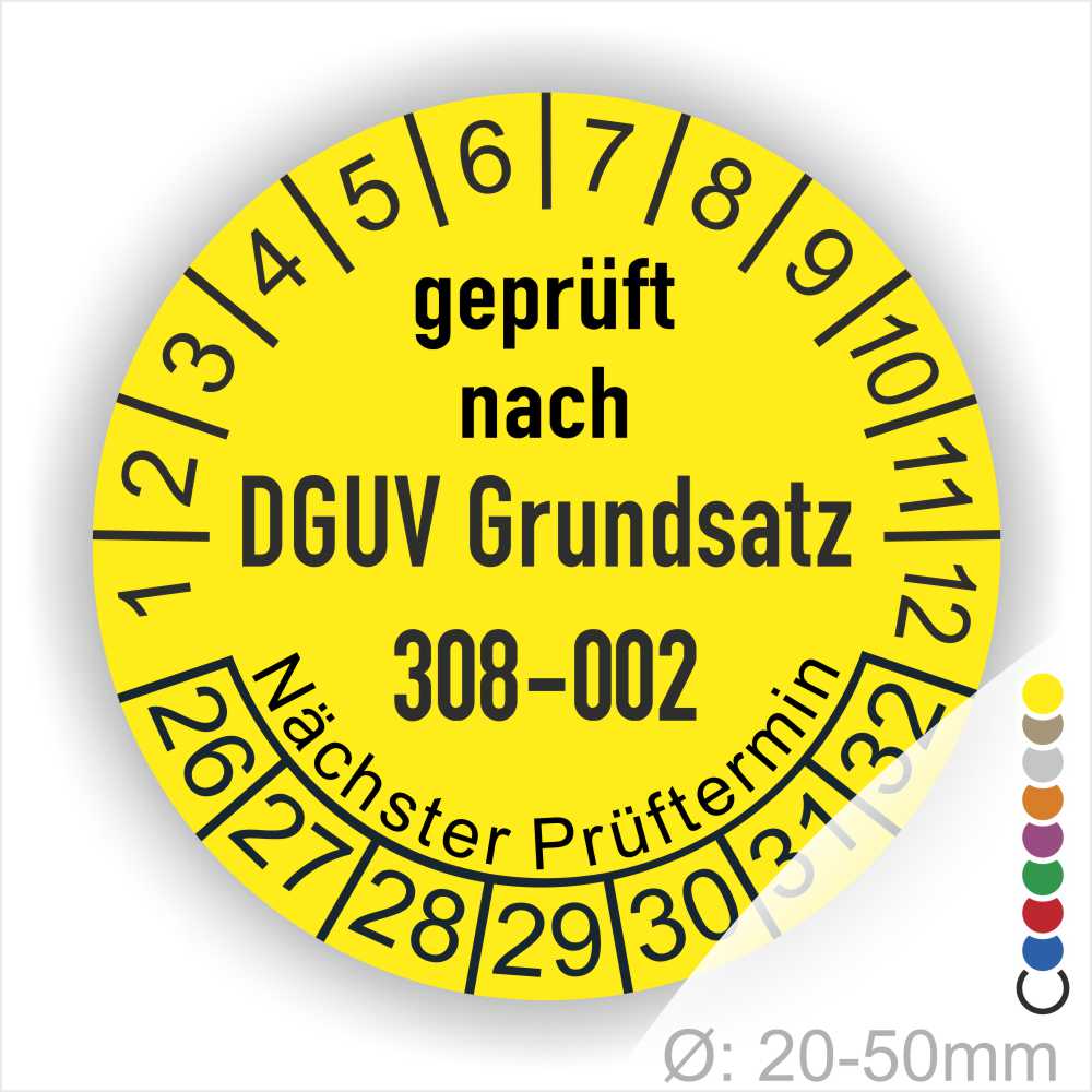 Prüfplakette, Prüfsiegel zur Prüfung von Hebebühnen nach DGUV Grundsatz 308-002 Starjahr- 26, Farbe- Gelb