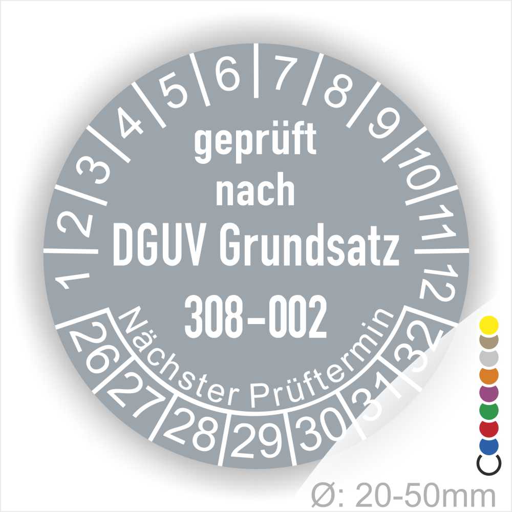 Mehrjaresplakette, Prüfsiegel zur Prüfung von Hebebühnen nach DGUV Grundsatz 308-002 Starjahr- 26, Farbe- Grau