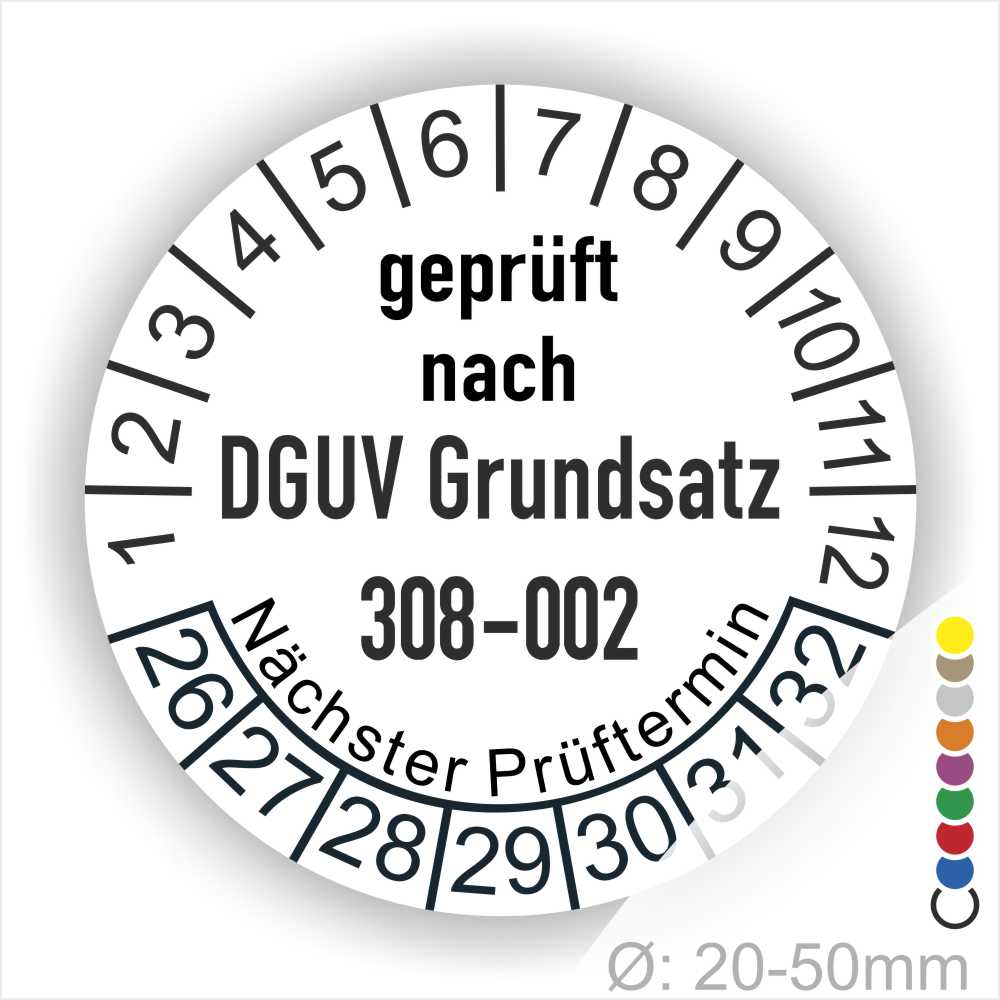 Prüfplakette zur Prüfung von Hebebühnen nach DGUV Grundsatz 308-002 Starjahr- 26, Farbe- Weiß