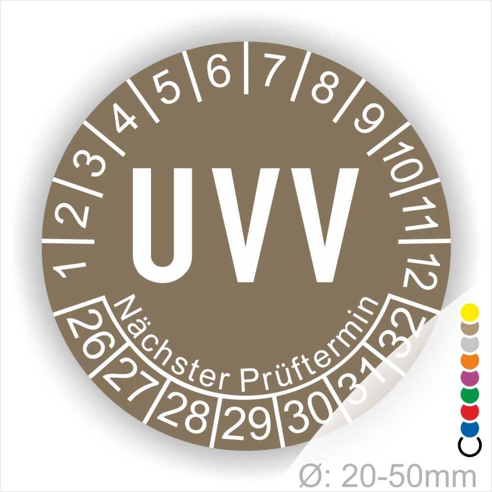 Prüfplaketten, Prüfetikette rund, Farbe- Braun, Text "UVV" in Weiß. Startjahr- 26, Monatszahlen Oben und Jahreszahlen Unten in Kreisform. Über den Jahreszahlen Text "Nächster Prüftermin"