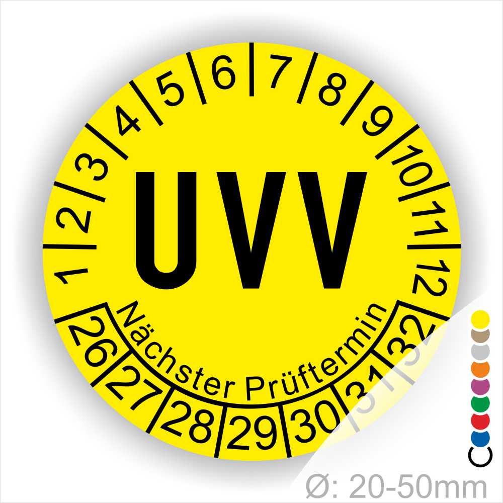 Prüfplaketten rund, Farbe- Gelb, Text "UVV" in Schwarz. Startjahr- 26, Monatszahlen Oben und Jahreszahlen Unten in Kreisform über den Jahreszahlen Text "Nächster Prüftermin"