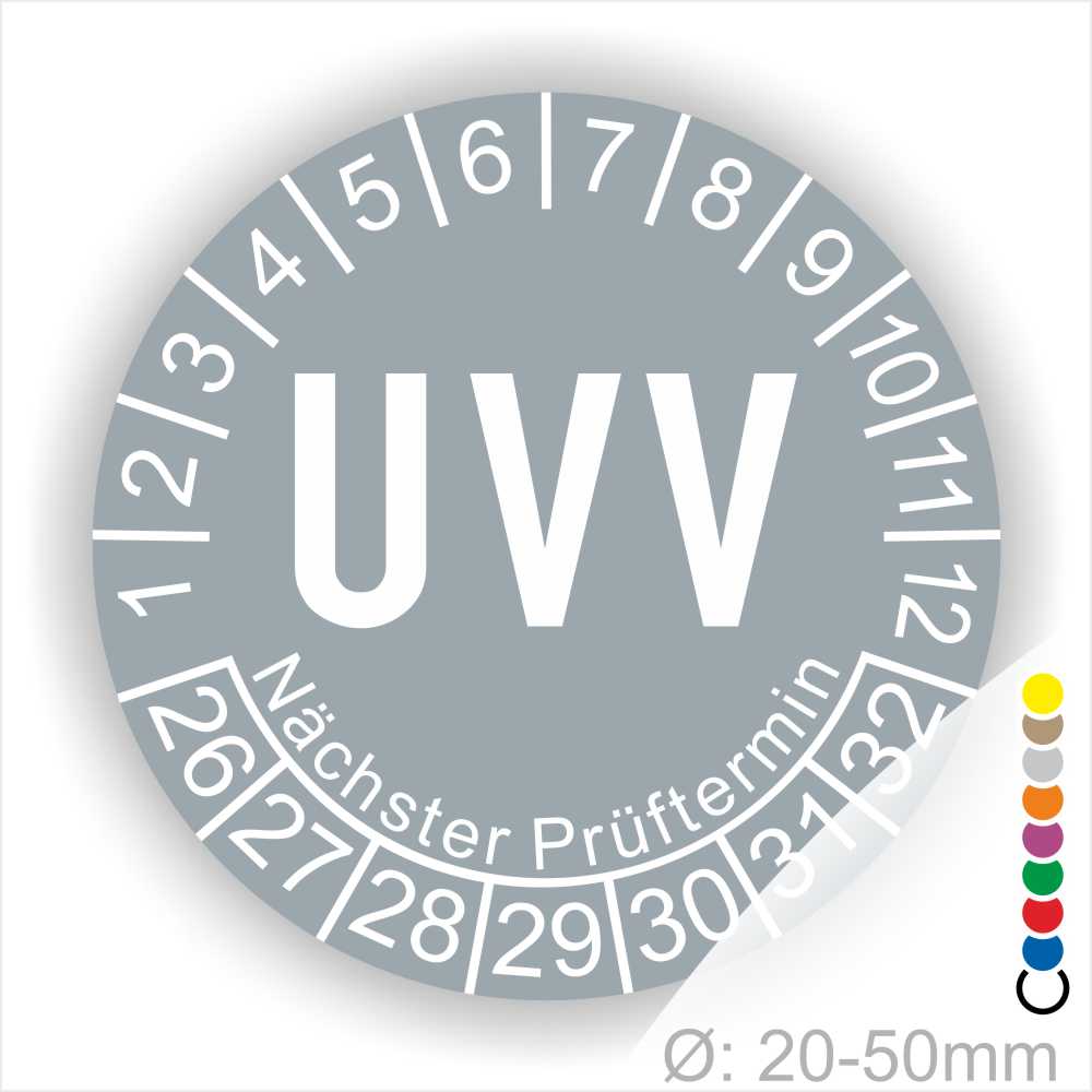 Prüfplaketten, Prüfetikette rund, Farbe- Grau, Text "UVV" in Weiß. Startjahr- 26, Monatszahlen Oben und Jahreszahlen Unten in Kreisform. Über den Jahreszahlen Text "Nächster Prüftermin"