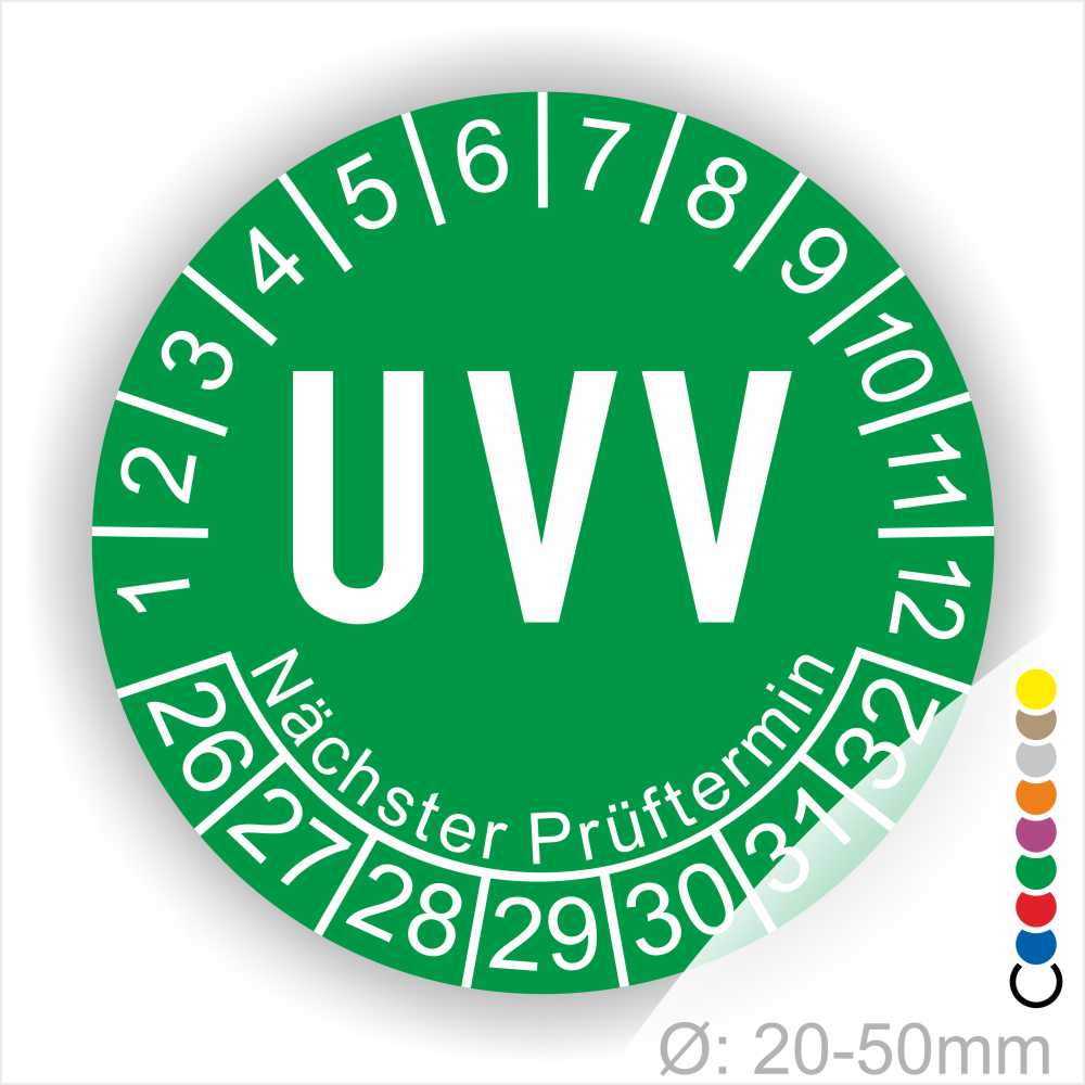 Prüfplaketten, Prüfetikette rund, Farbe- Grün, Text "UVV" in Weiß. Startjahr- 26, Monatszahlen Oben und Jahreszahlen Unten in Kreisform. Über den Jahreszahlen Text "Nächster Prüftermin"