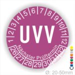 Prüfplaketten, Prüfetikette rund, Farbe- Lila, Text "UVV" in Weiß. Startjahr- 26, Monatszahlen Oben und Jahreszahlen Unten in Kreisform. Über den Jahreszahlen Text "Nächster Prüftermin"