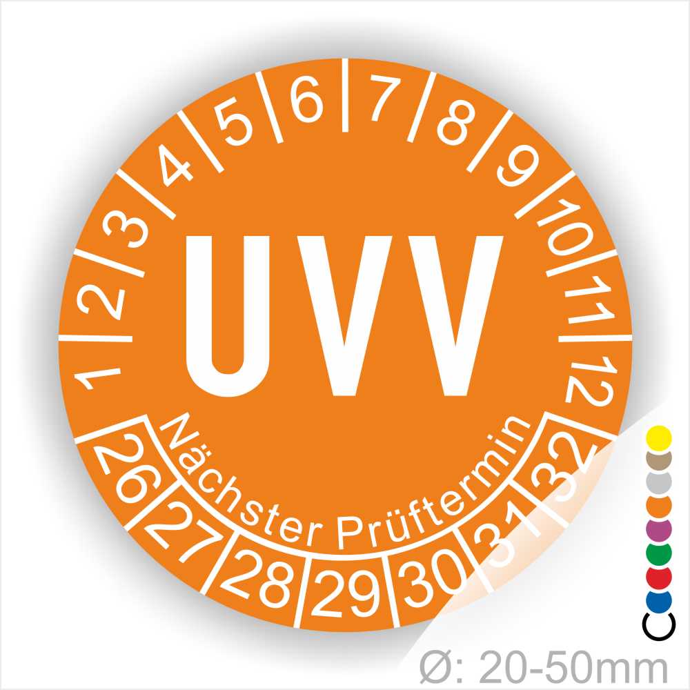Prüfplaketten, Prüfetikette rund, Farbe- Orange, Text "UVV" in Weiß. Startjahr- 26, Monatszahlen Oben und Jahreszahlen Unten in Kreisform. Über den Jahreszahlen Text "Nächster Prüftermin"