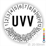 Prüfplaketten, Prüfetikette rund, Farbe- Weiß, Text "UVV" in Schwarz. Startjahr- 26, Monatszahlen Oben und Jahreszahlen Unten in Kreisform über den Jahreszahlen Text "Nächster Prüftermin"