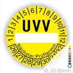 Prüfplaketten, rund, Farbe- Gelb, Text "UVV Nächster Prüftermin" in Schwarz. Als nächste kommt ein Beschriftungfeld / Leerfeld. Startjahr- 26, Monatszahlen Oben und Jahreszahlen Unten in Kreisform. über den Jahreszahlen Text "Nächster Prüftermin" Die Prüfplakette wird verwendet zur Prüfung von Anlagen & Maschinen