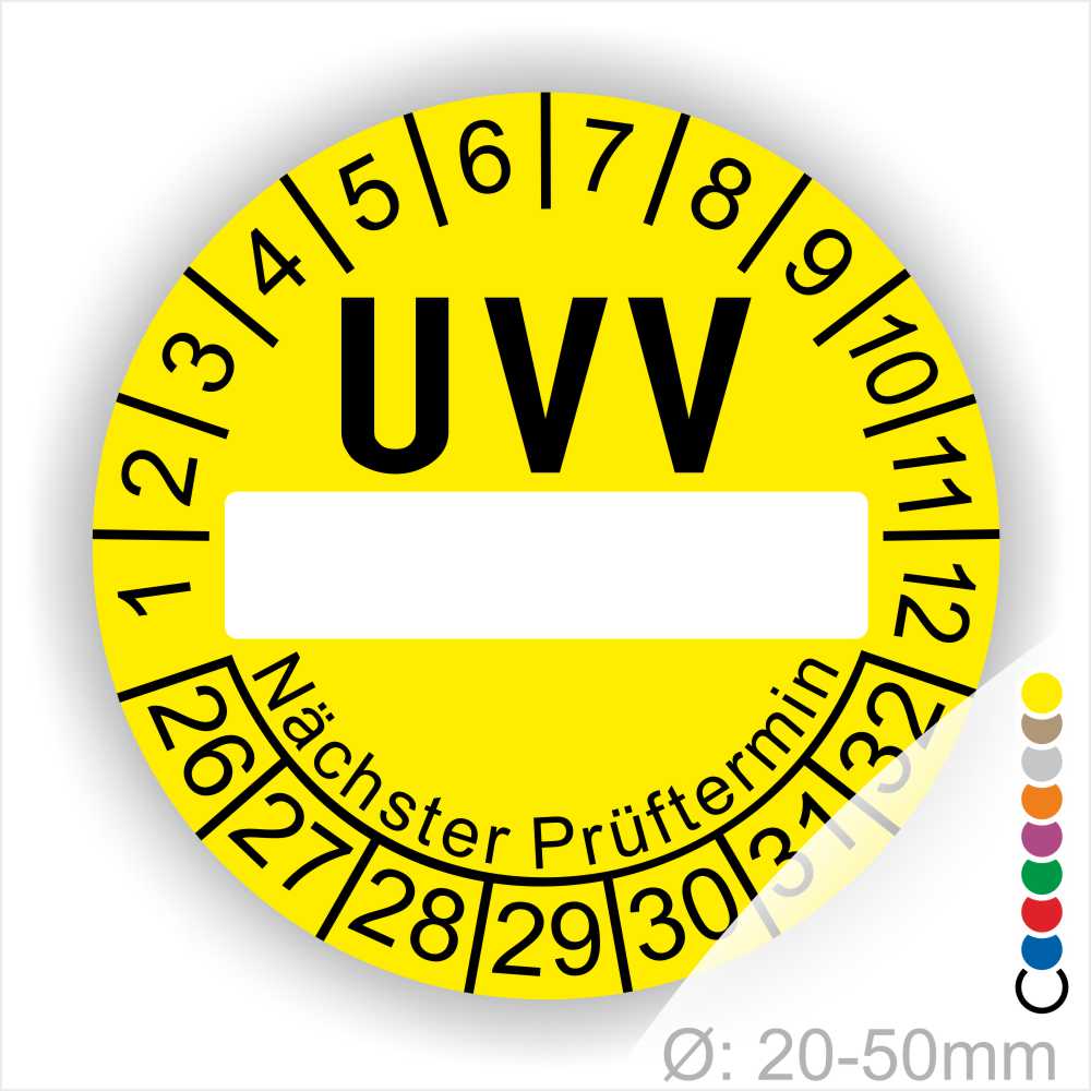 Prüfplaketten, rund, Farbe- Gelb, Text "UVV Nächster Prüftermin" in Schwarz. Als nächste kommt ein Beschriftungfeld / Leerfeld. Startjahr- 26, Monatszahlen Oben und Jahreszahlen Unten in Kreisform. über den Jahreszahlen Text "Nächster Prüftermin" Die Prüfplakette wird verwendet zur Prüfung von Anlagen & Maschinen