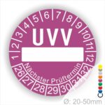 Prüfplaketten, rund, Farbe- Lila, Text "UVV Nächster Prüftermin" in Weiß. Als nächstes kommt ein Beschriftungfeld / Leerfeld in Farbe Weiß. Startjahr- 26, Monatszahlen Oben und Jahreszahlen Unten in Kreisform. über den Jahreszahlen Text "Nächster Prüftermin" Die Prüfplakette wird verwendet zur Prüfung von Anlagen & Maschine