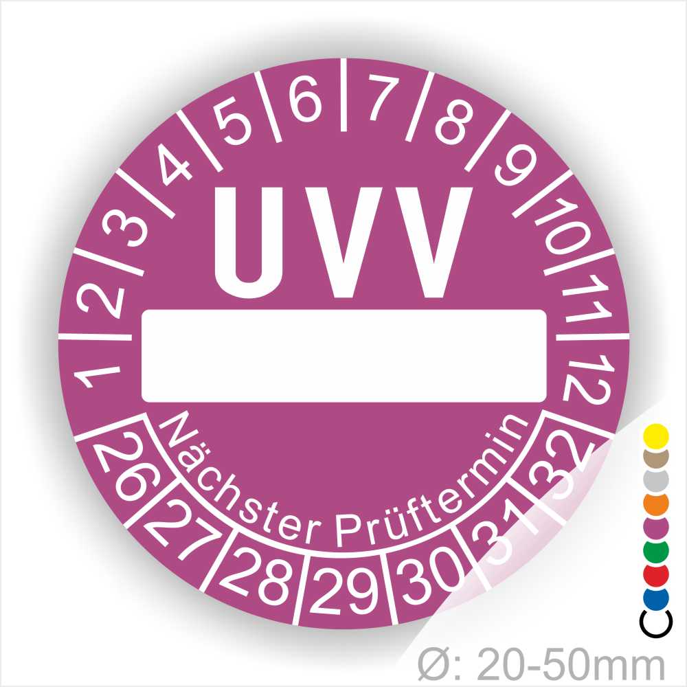 Prüfplaketten, rund, Farbe- Lila, Text "UVV Nächster Prüftermin" in Weiß. Als nächstes kommt ein Beschriftungfeld / Leerfeld in Farbe Weiß. Startjahr- 26, Monatszahlen Oben und Jahreszahlen Unten in Kreisform. über den Jahreszahlen Text "Nächster Prüftermin" Die Prüfplakette wird verwendet zur Prüfung von Anlagen & Maschine