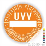 Prüfplaketten, rund, Farbe- Orange, Text "UVV Nächster Prüftermin" in Weiß. Als nächstes kommt ein Beschriftungfeld / Leerfeld in Farbe Weiß. Startjahr- 26, Monatszahlen Oben und Jahreszahlen Unten in Kreisform. über den Jahreszahlen Text "Nächster Prüftermin" Die Prüfplakette wird verwendet zur Prüfung von Anlagen & Maschine