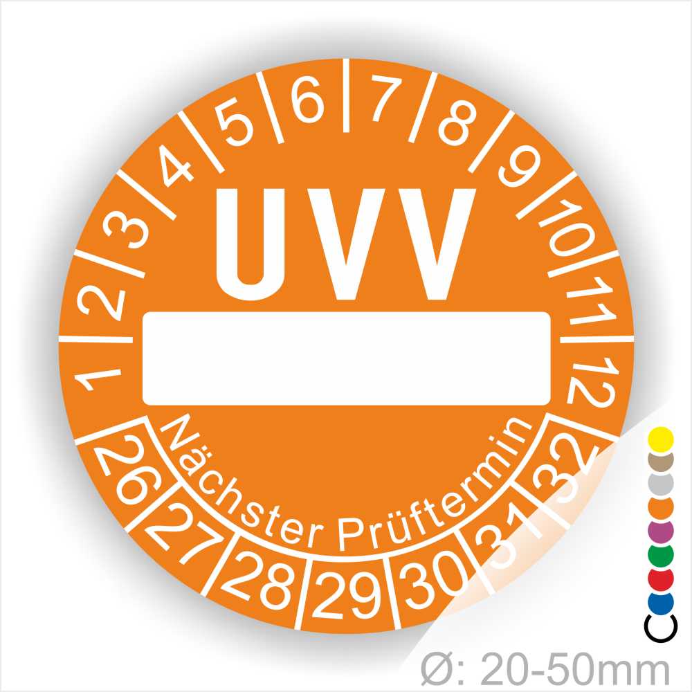 Prüfplaketten, rund, Farbe- Orange, Text "UVV Nächster Prüftermin" in Weiß. Als nächstes kommt ein Beschriftungfeld / Leerfeld in Farbe Weiß. Startjahr- 26, Monatszahlen Oben und Jahreszahlen Unten in Kreisform. über den Jahreszahlen Text "Nächster Prüftermin" Die Prüfplakette wird verwendet zur Prüfung von Anlagen & Maschine