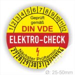 Wartungsplakette ELEKTRO-CHECK Prüfetiketten, Prüfplaketten rund, Farbe- Gelb in der Mitte ein Streifen in Rot, Text oberer Teil "Geprüft gemäß DIN-VDE" in Schwarz. Mittig Streifen in Rot mit dem Text " ELEKTRO-CHECK", danach Elektropfeil in Rot Startjahr- 27