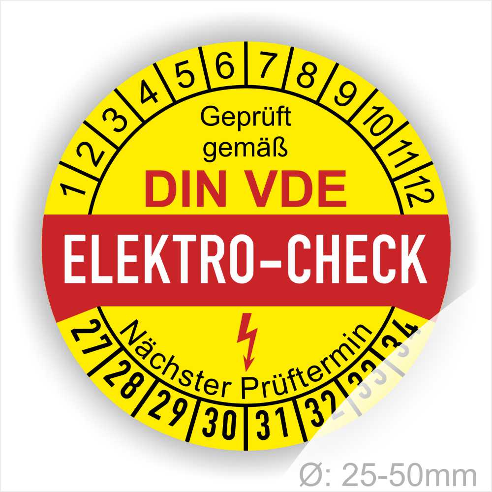 Wartungsplakette ELEKTRO-CHECK Prüfetiketten, Prüfplaketten rund, Farbe- Gelb in der Mitte ein Streifen in Rot, Text oberer Teil "Geprüft gemäß DIN-VDE" in Schwarz. Mittig Streifen in Rot mit dem Text " ELEKTRO-CHECK", danach Elektropfeil in Rot Startjahr- 27