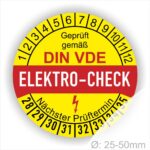 Prüfetiketten, Prüfplaketten rund, Farbe- Gelb in der Mitte ein Streifen in Rot, Text oberer Teil "Geprüft gemäß DIN-VDE" in Schwarz. Mittig Streifen in Rot mit dem Text " ELEKTRO-CHECK", danach Elektropfeil in Rot Startjahr- 28, Monatszahlen Oben und Jahreszahlen Unten in Kreisform. Über den Jahreszahlen Text "Nächster Prüftermin"