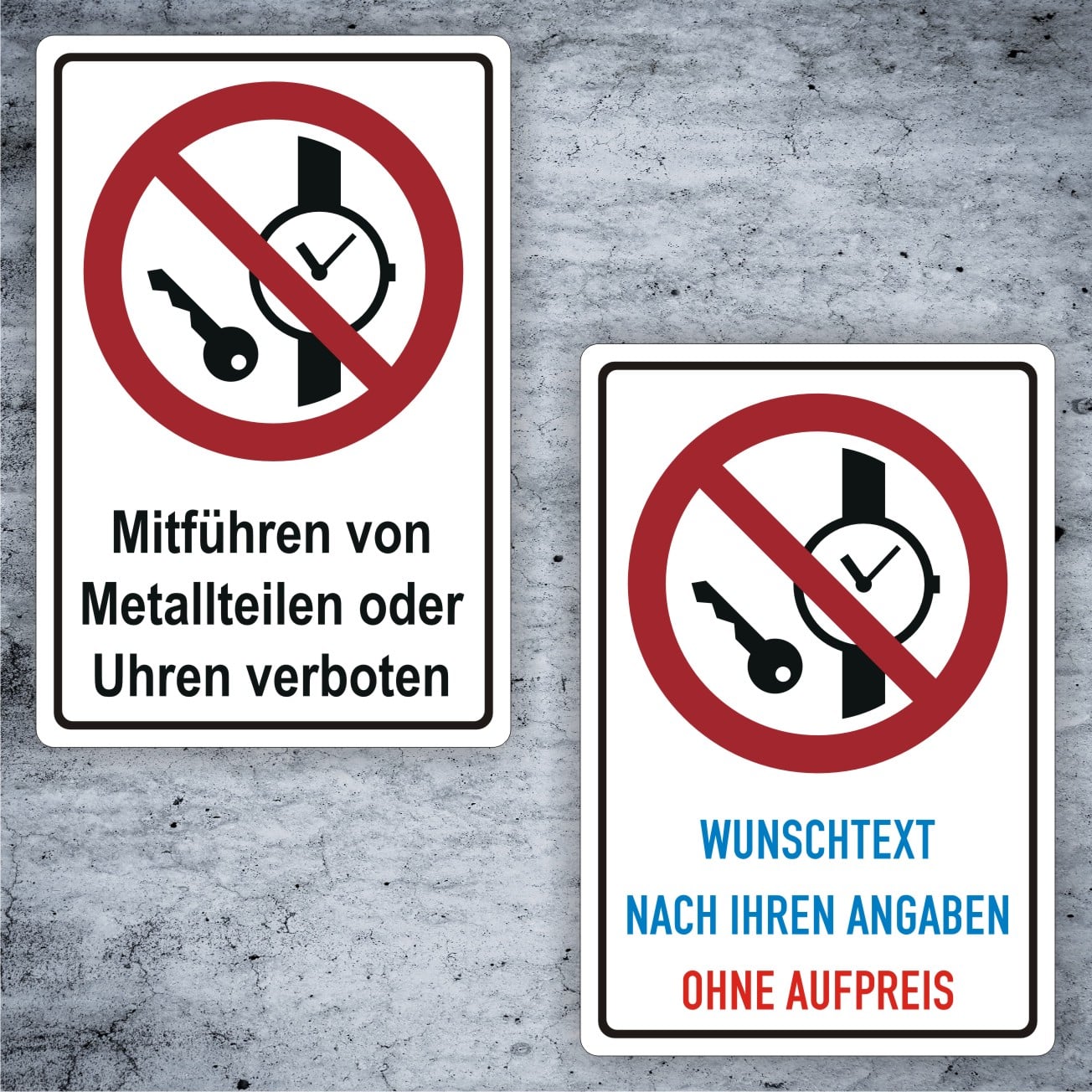Metallteile und Uhren verboten Kombischild ISO 7010 Standard