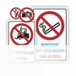 Mehrere Verbotsschilder, darunter Symbole für Rauchverbot, Fotografieren verboten und Verbot für Flurförderzeuge, mit der Möglichkeit, individuellen Wunschtext hinzuzufügen.
