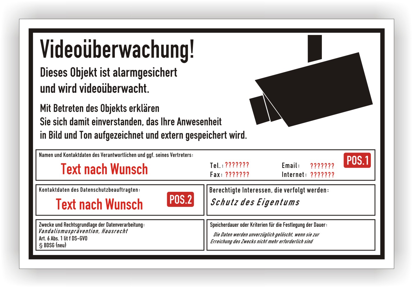 Videoüberwachung Schild, Objekt DSGVO
