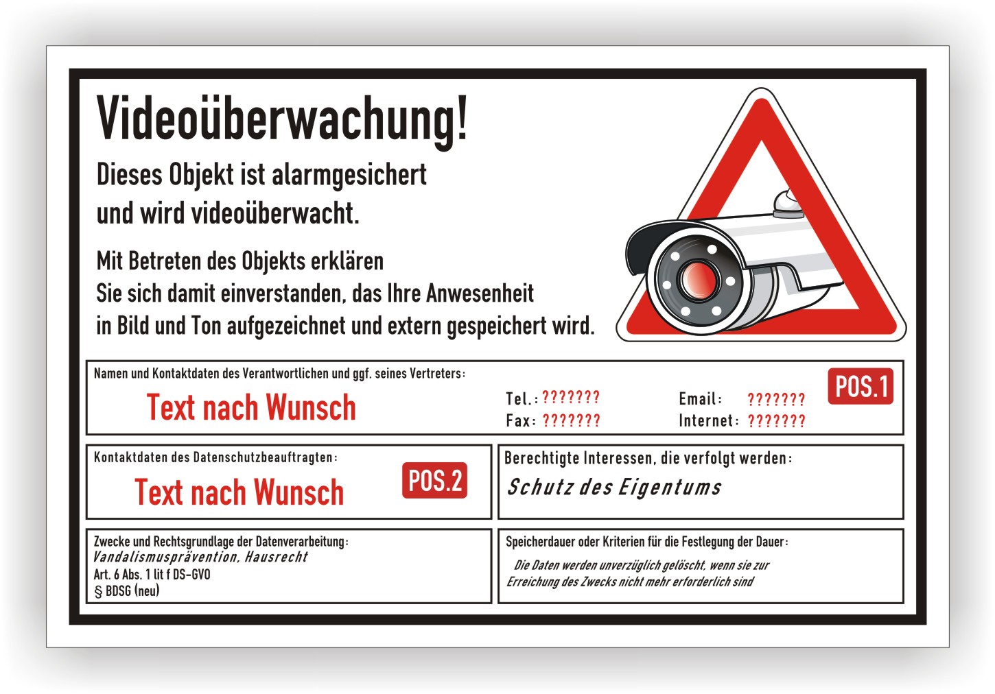 Videoüberwachung Hinweisschild DSGVO Objekt