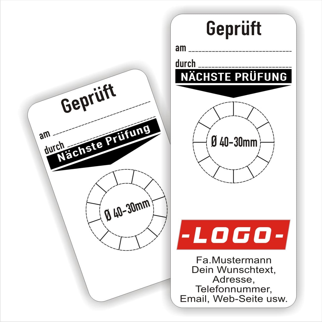 Geprüft am-durch Grundetiketten Plaketten Unterlage mit Wunschaufdruck