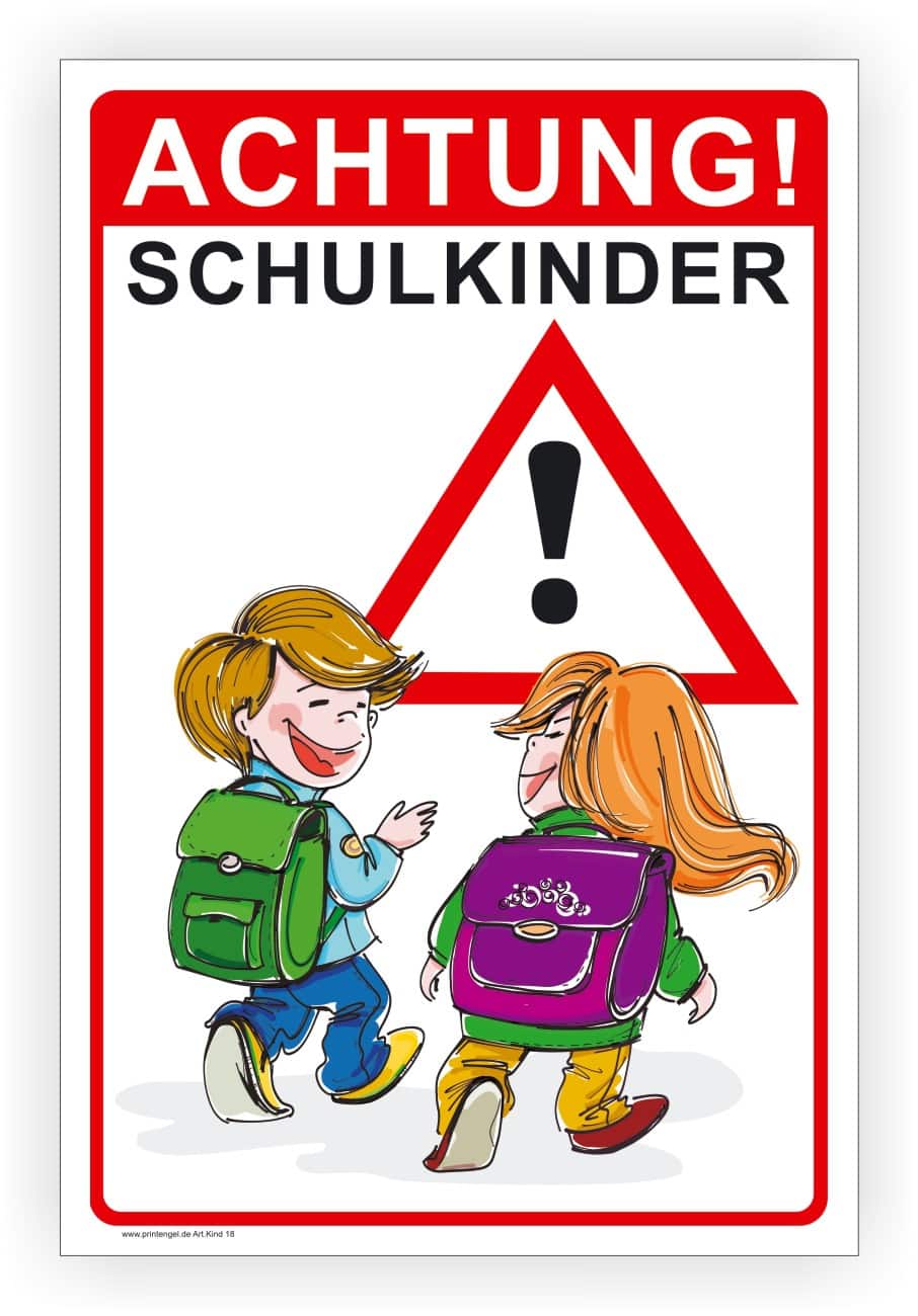 Schulkinder Warnschild mit Ausrufezeichen