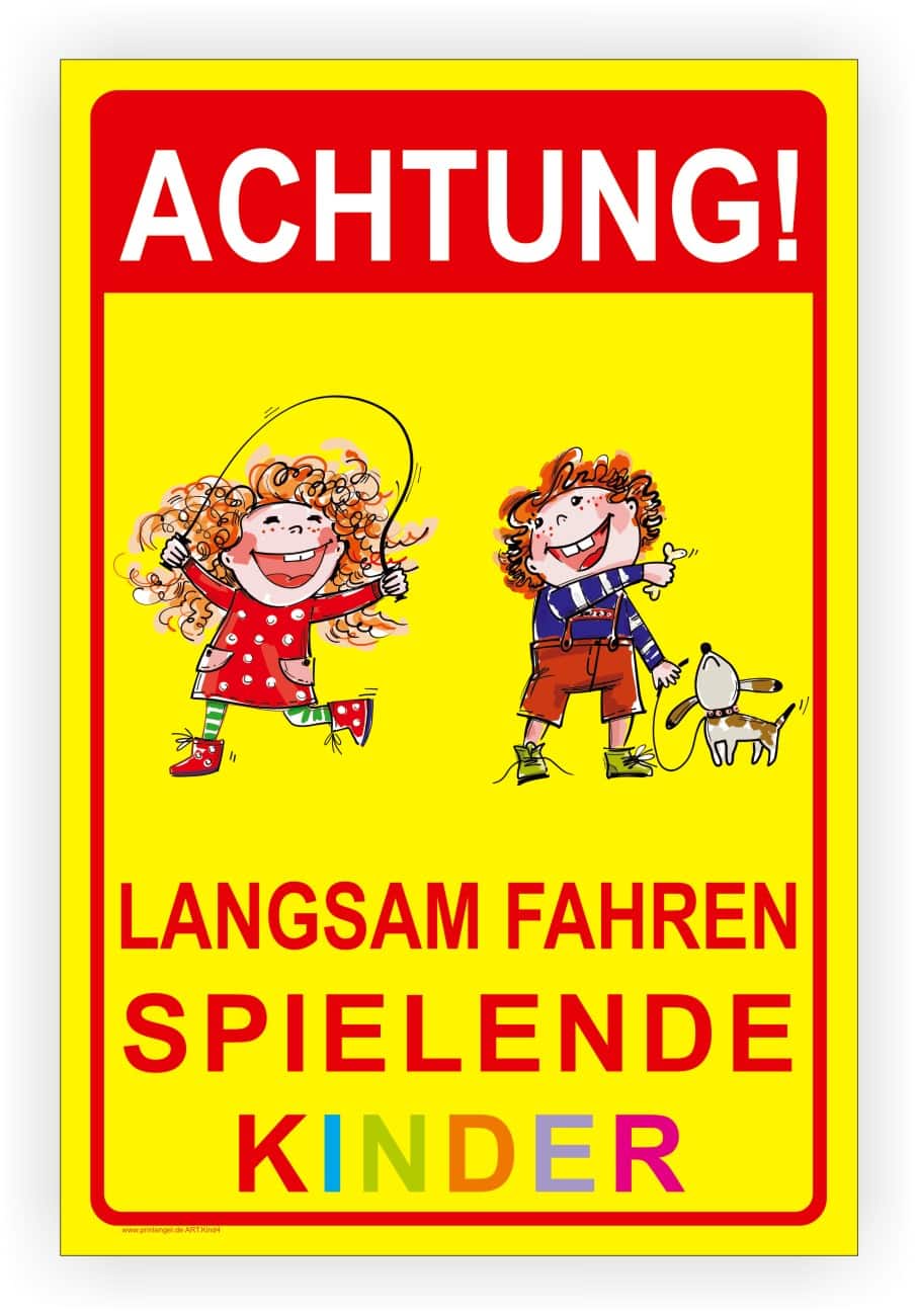 Warnschild "Achtung spielende Kinder" mit Geschwindigkeitsbegrenzung