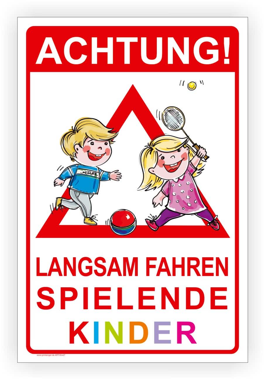 Langsam fahren spielende Kinder Warnschild – Verkehrssicherheitszeichen