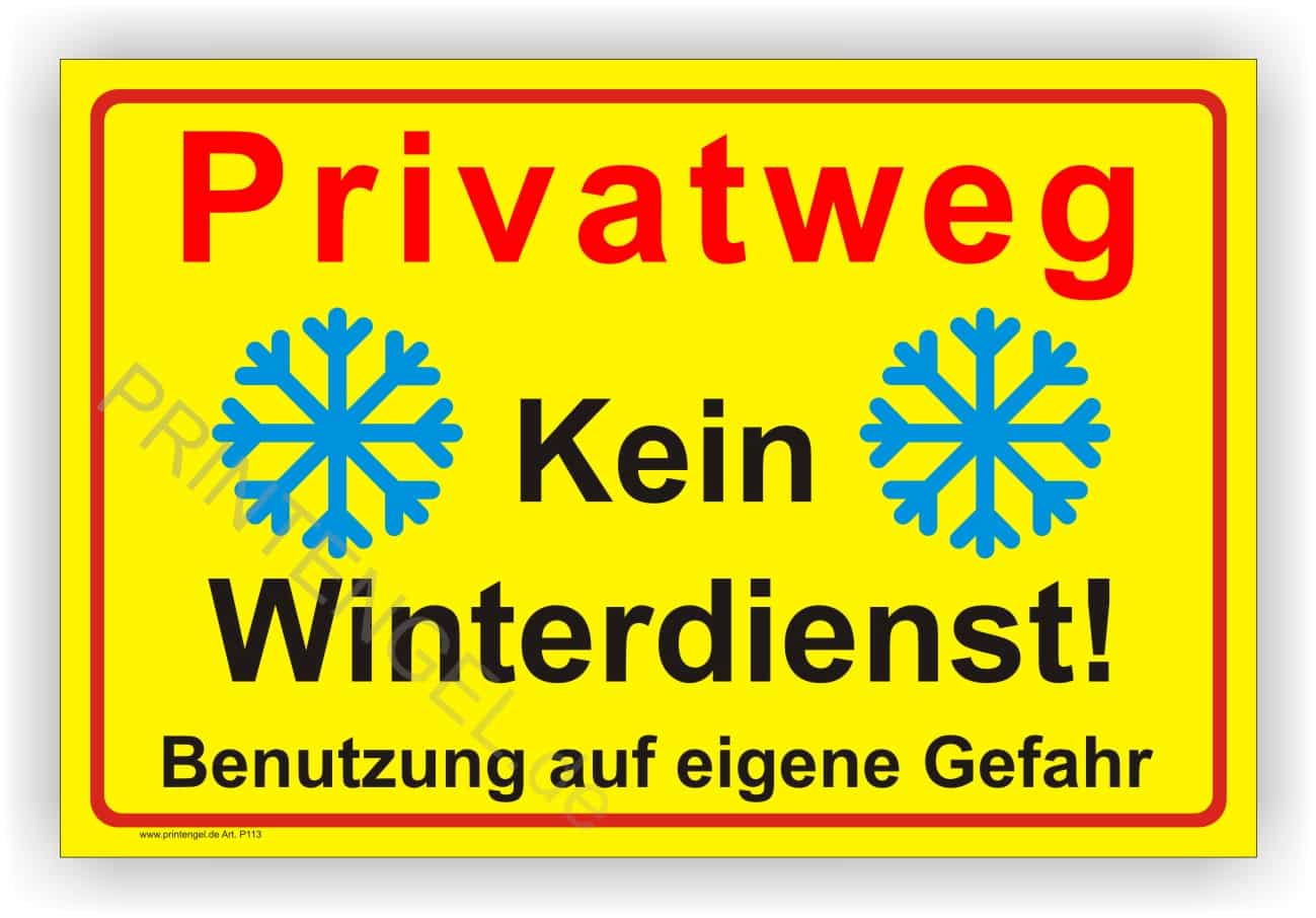 Warnschild Privatgweg kein Winterdienst, Farbe Gelb