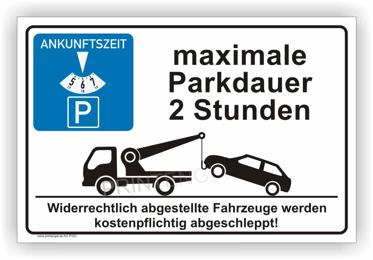 Parkschild mit Parkscheibe und 2-Stunden-Limitierung