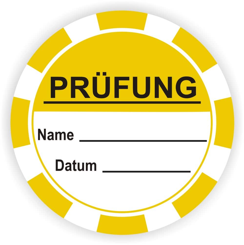 Prüfplaketten mit Inspektionsfeld für Datum und Prüfer in Gelb