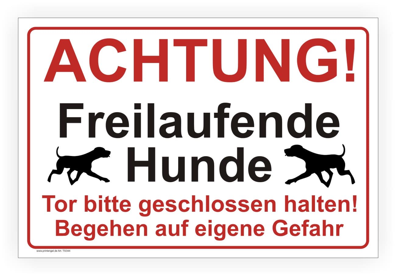 Freilaufende Hunde Warnschild mit Tor geschlossen halten Hinweis