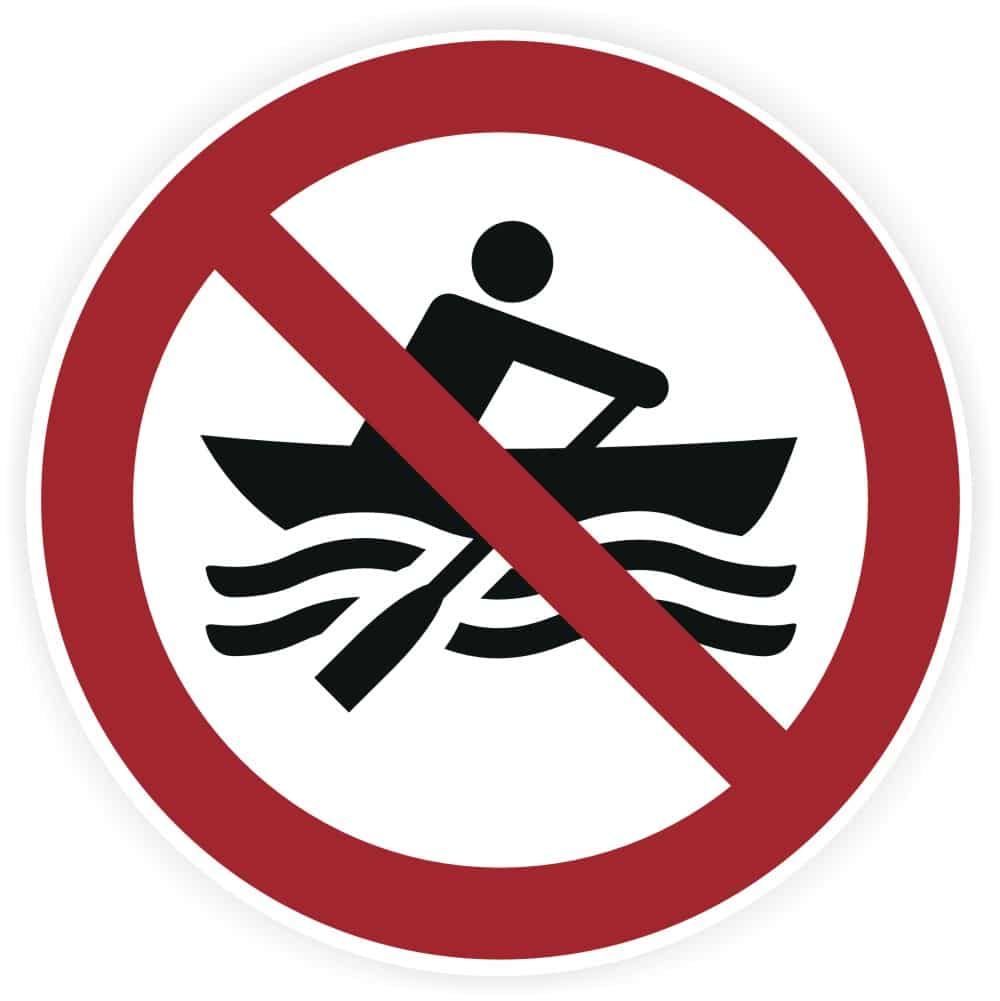 Bootsverbot-Sicherheitszeichen mit Motorbooten-Verbotsymbol DIN 4844-2