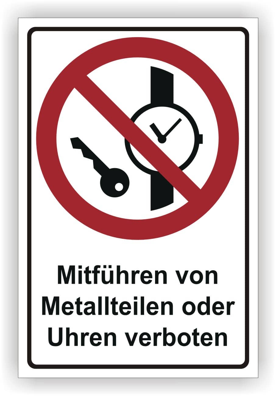 Kombischild Metallteile und Uhren verboten DIN EN ISO 7010 P008