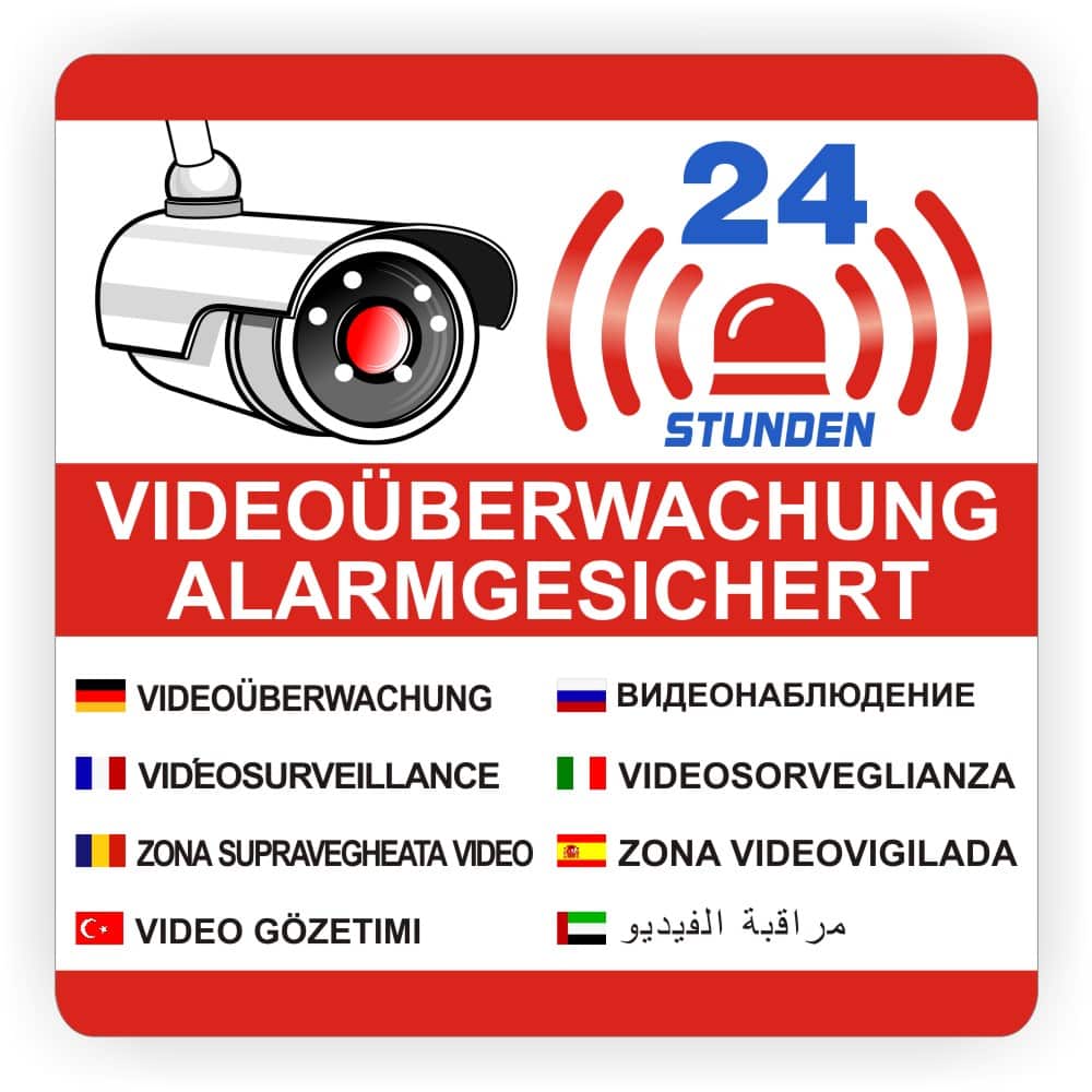 Warnaufkleber Videoüberwachung 24h Mehrsprachig Türkisch Russisch Arabisch