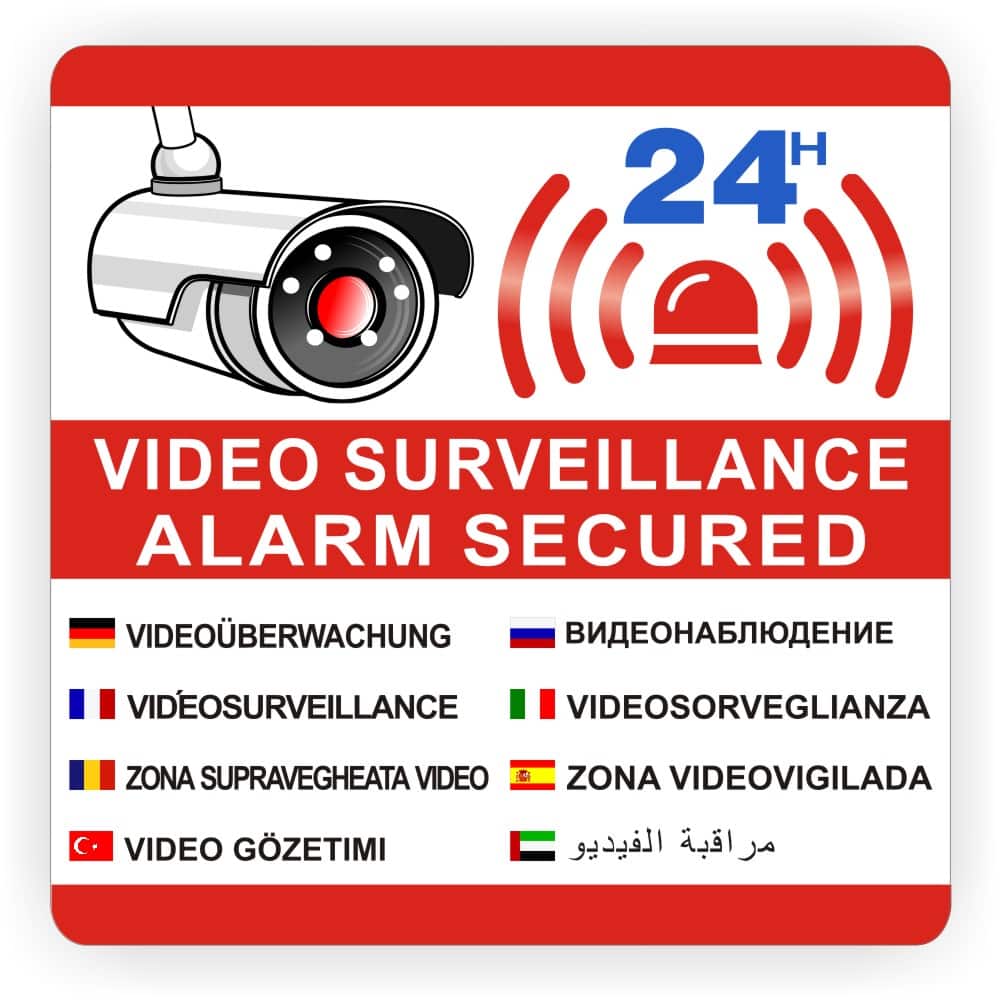 Videoüberwachung Warnaufkleber mehrsprachig 24h Alarmgesichert