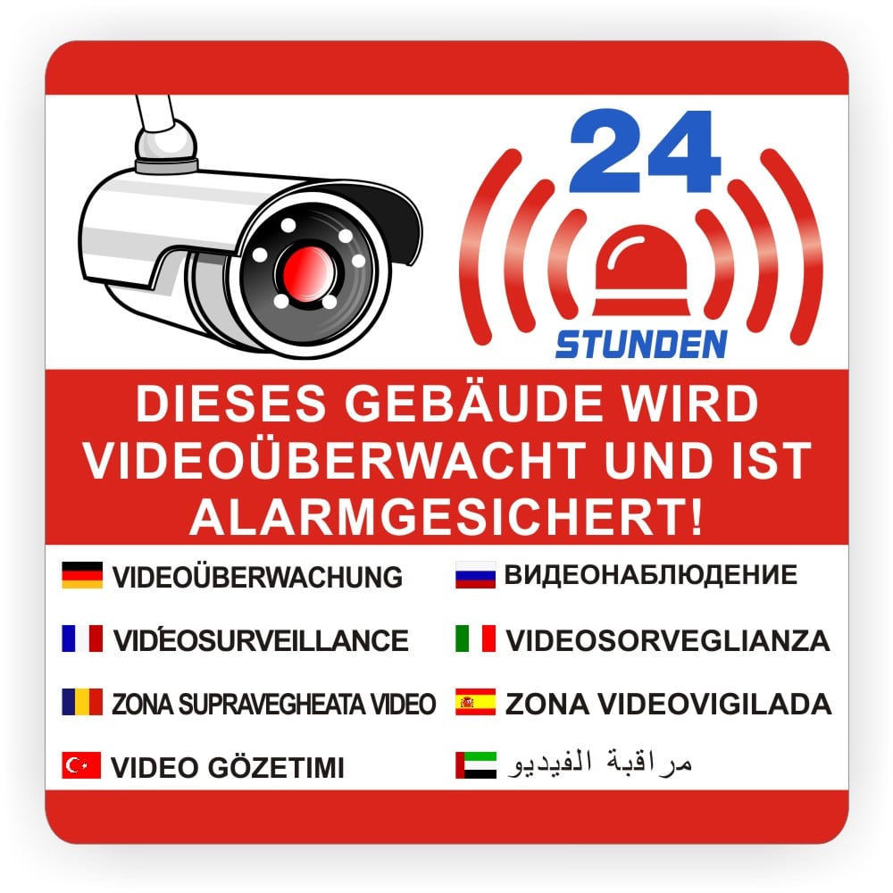 Videoüberwachung Sicherheitsaufkleber mehrsprachig 8 Sprachen