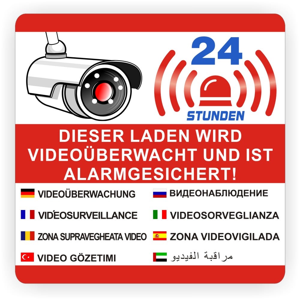 Videoüberwachung Aufkleber mehrsprachig – 8 Sprachen Sicherheitshinweis