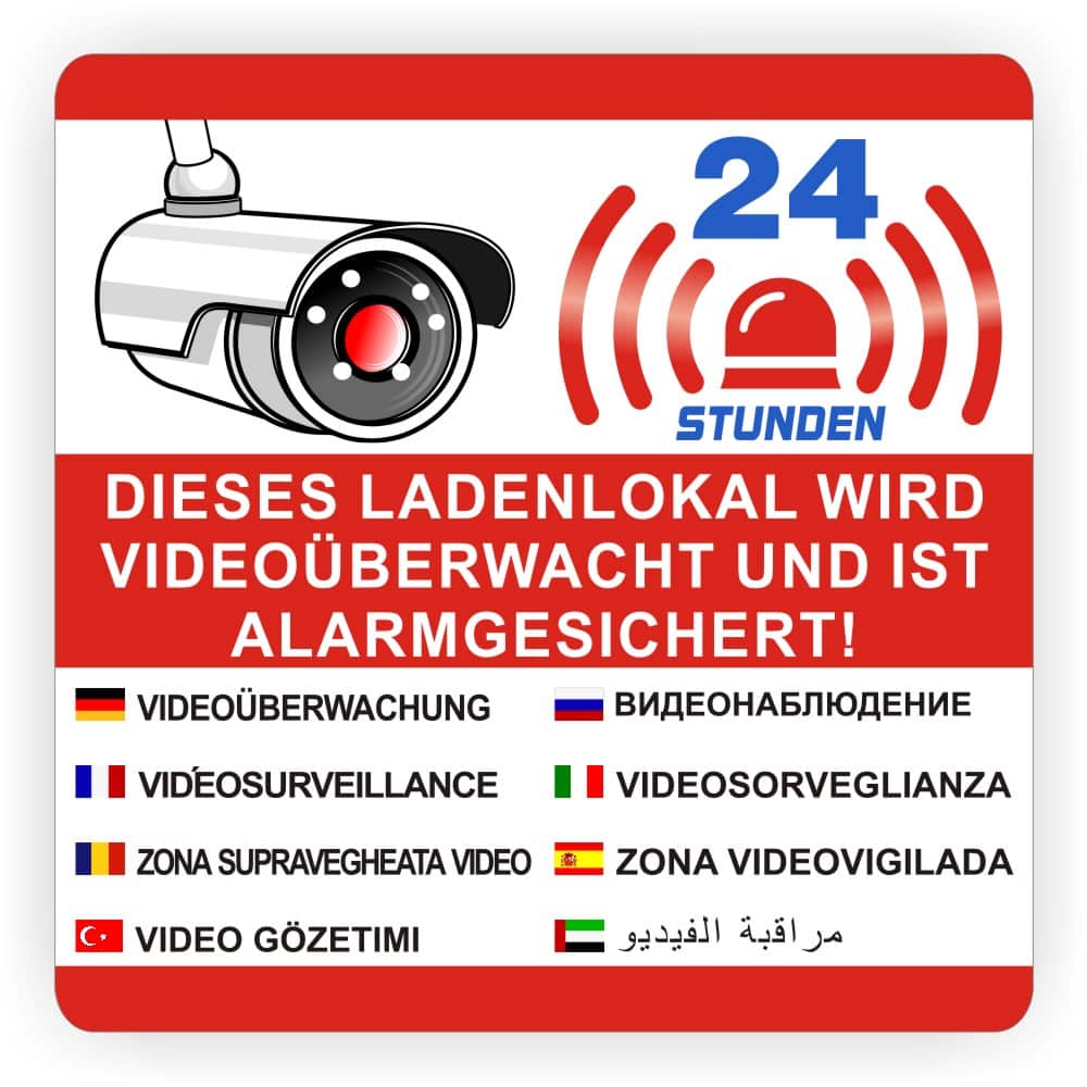 Videoüberwachung Aufkleber mehrsprachig - Sicherheitswarner in 8 Sprachen