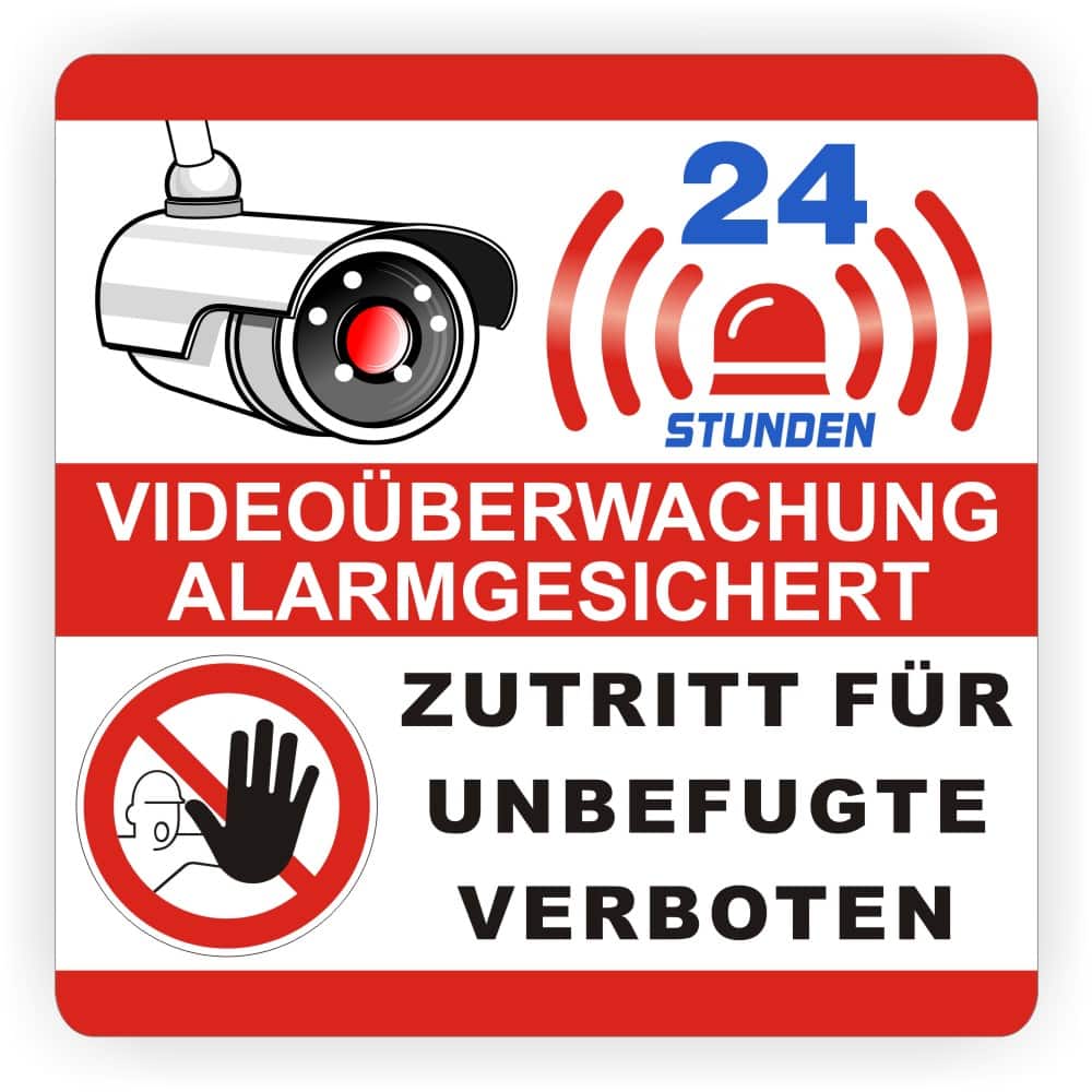 Warnaufkleber Videoüberwachung Alarmgesichert – Zutritt für Unbefugte verboten mit 24-Stunden-Alarm-Symbol