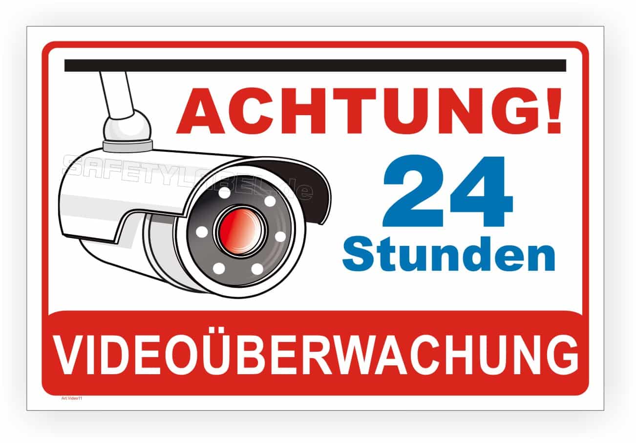 Hinweisschild Videoüberwachung 24 Stunden mit Symbol