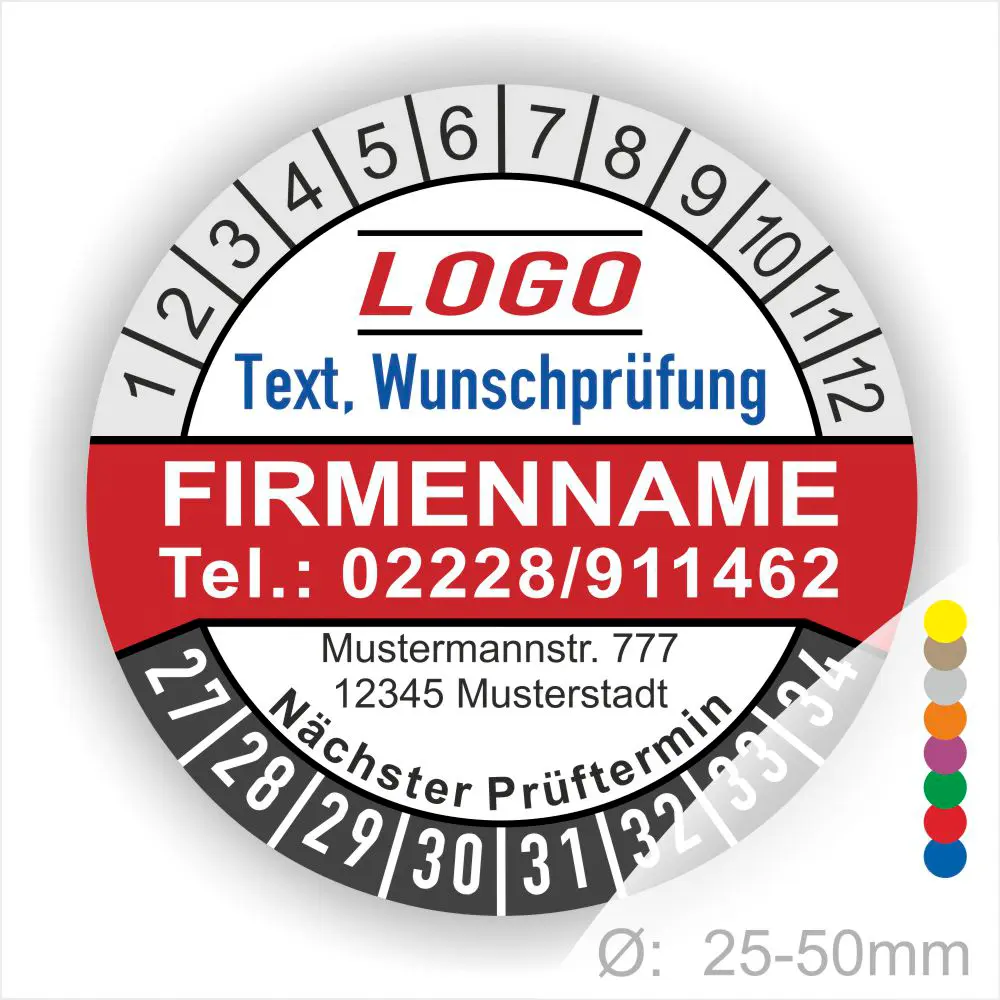 Rote runde Prüfplakette mit Monats- und Jahresring, individuell bedruckbar mit Firmenname, Telefonnummer, Logo und Wunschprüfung. Selbstklebendes Prüfetikett zur Kennzeichnung von Wartung und nächstem Prüftermin.