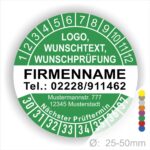 Grüne runde Prüfplakette mit Jahres- und Monatsring zur Markierung des nächsten Prüftermins, individuell beschriftbar mit Firmenname, Logo, Telefonnummer und Wunschtext. Größen 25–50 mm, selbstklebend.