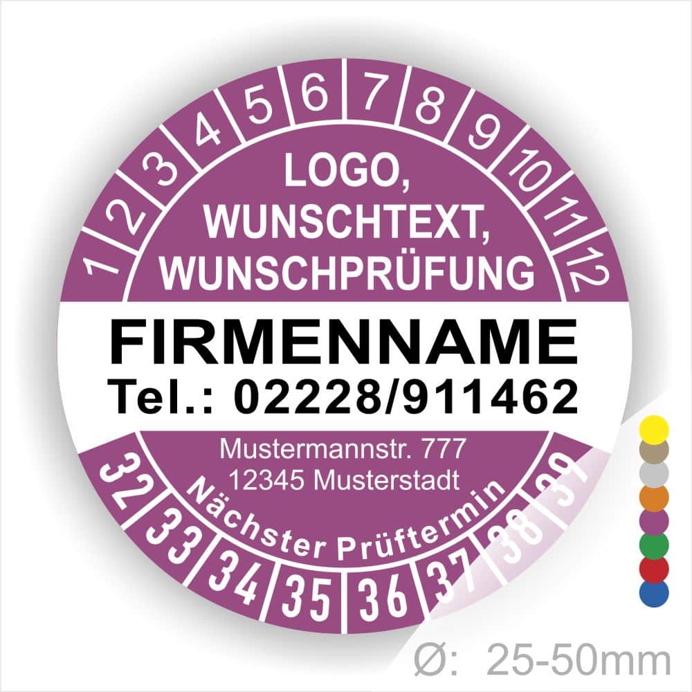 Lila runde Prüfplakette mit Jahres- und Monatsring zur Markierung des nächsten Prüftermins, individuell beschriftbar mit Firmenname, Logo, Telefonnummer und Wunschtext. Größen 25–50 mm, selbstklebend.