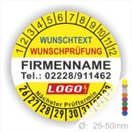 Gelbe Prüfplakette mit Monats- und Jahresring zur Kennzeichnung des nächsten Prüftermins. In der Mitte befindet sich Platz für Firmenname, Telefonnummer, Wunschtext und Logo. Selbstklebend, personalisierbar, erhältlich in 25–50 mm.