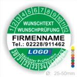 Grün Prüfplakette mit Monats- und Jahresring zur Kennzeichnung des nächsten Prüftermins. In der Mitte befindet sich Platz für Firmenname, Telefonnummer, Wunschtext und Logo. Selbstklebend, personalisierbar, erhältlich in 25–50 mm.