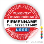 Rot Prüfplakette mit Monats- und Jahresring zur Kennzeichnung des nächsten Prüftermins. In der Mitte befindet sich Platz für Firmenname, Telefonnummer, Wunschtext und Logo. Selbstklebend, personalisierbar, erhältlich in 25–50 mm.