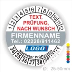 Runde grau / weiße Prüfplakette mit individuell anpassbarem Firmenname, Telefonnummer, Wunschtext und Logo. Mit Monats- und Jahresring zur Markierung des nächsten Prüftermins. Selbstklebend, für Wartung und Sicherheitsprüfungen.
