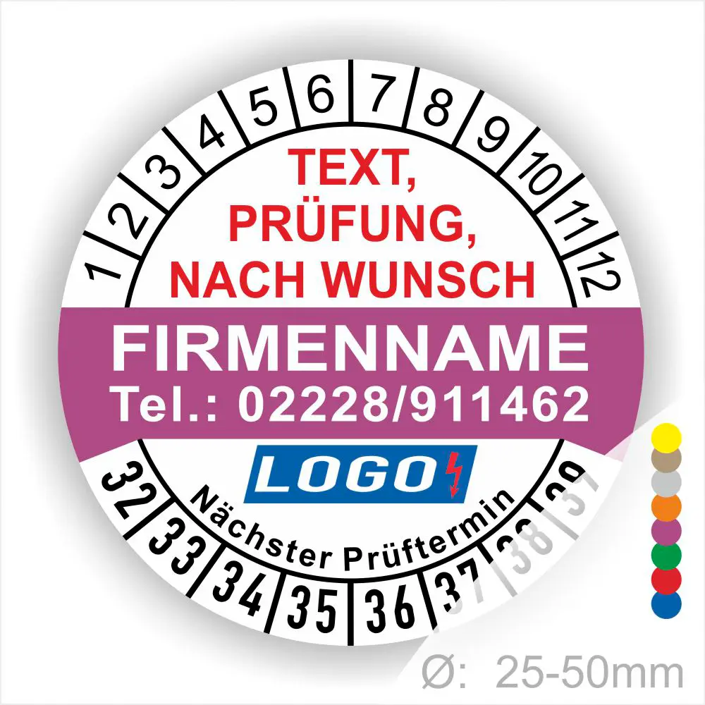 Runde lila / weiße Prüfplakette mit individuell anpassbarem Firmenname, Telefonnummer, Wunschtext und Logo. Mit Monats- und Jahresring zur Markierung des nächsten Prüftermins. Selbstklebend, für Wartung und Sicherheitsprüfungen.